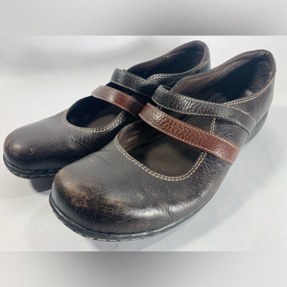 Clarks Bendables Womens Double Strap Mary Jane Shoes Size 9.5M Brown Leather